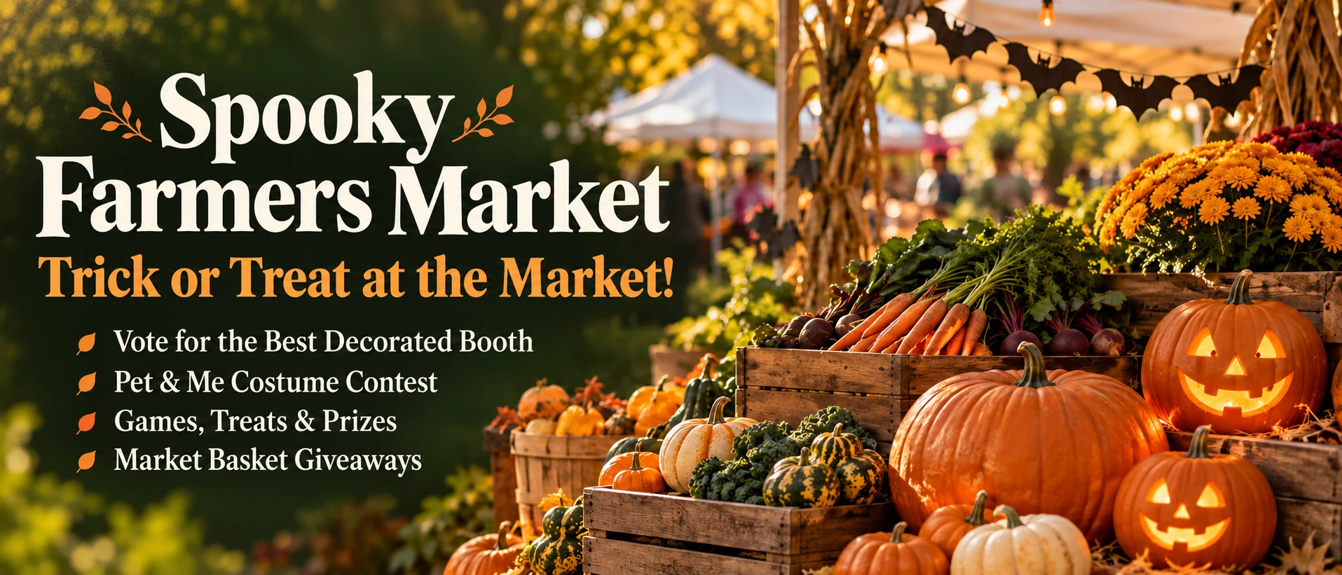 Spooky Farmers Market. Trick or Treat at the Market! Vote for the Best Decorated Booth, Pet and Me Costume Contest, Games, Treats and Prizes, Market Basket Giveaways.