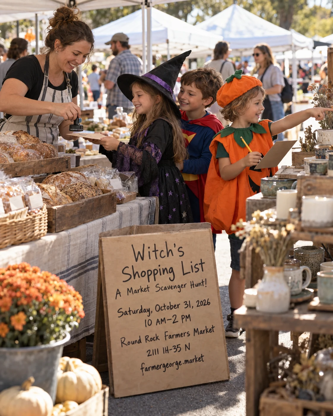 Children in Halloween costumes collecting a clue stamp at a bakery booth
